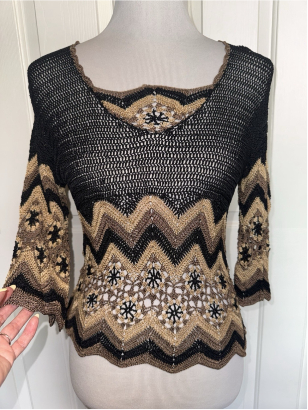 Vintage Silk Crochet Top 70s-Inspired Boho Chevron Open Knit Bell Sleeve Small